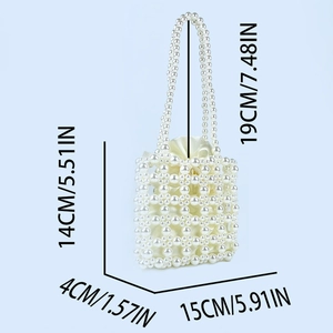Detailed dimensions of pearl beaded handbag with satin drawstring showing size and handle height