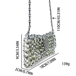 Detailed view of silver metallic beaded mini bag showing dimensions 18x9x2cm and 110cm strap