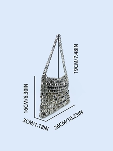 Silver sequin shoulder bag with woven metal disks shown from front view with dimensions