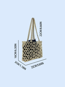 Handmade beaded metal shoulder bag with blue drawstring pouch and size measurements