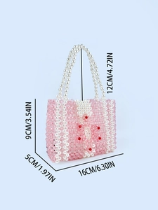 Mini sac à main en perles rose et blanc avec motif floral et mesures 16x9x5cm affichées