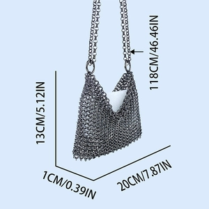 Detailed size chart for the silver metallic mesh bag with crossbody chain strap dimensions