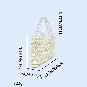 Detail of handmade pearl beaded handbag with floral pattern and dimensions displayed