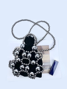 Fashionable dark style beaded mini bucket bag with silver metal chain and velvet pouch
