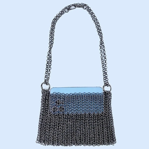 Gunmetal handmade chainmail bag with a blue smartphone inside showing internal capacity