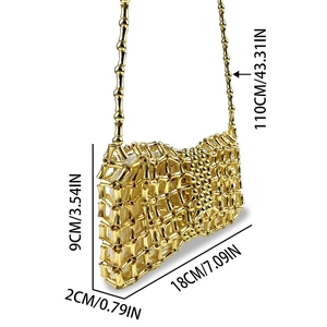 Detailed view of handmade golden bamboo bead clutch with strap and dimension measurements