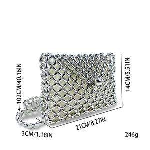 Silver beaded woven crossbody bag with metal bead chain and internal white lining detail