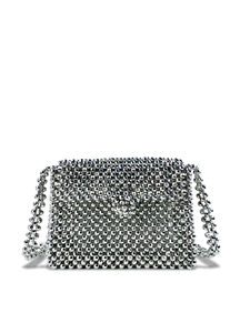 Silver Metallic Beaded Crossbody Bag Handmade Woven Acrylic Shiny Retro Flap Small Square Purse For Women Daily Travel