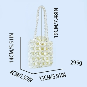 Detailed dimensions of handmade pearl handbag with satin drawstring pouch interior