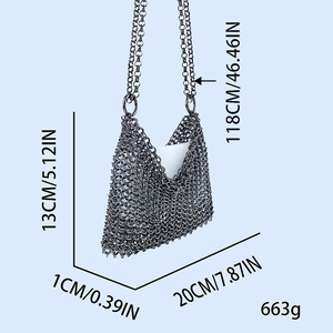 Detail view of gunmetal chainmail crossbody bag with dimensions and strap length specs