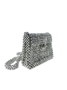 Silver beaded handmade crossbody bag with glittery metallic finish and flap closure