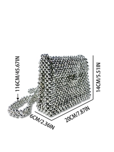 Silver beaded flap crossbody bag with dimensions 20x14x6cm and a long shoulder strap