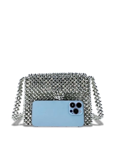 Handmade silver beaded mini flap crossbody bag with phone for size reference
