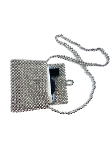 Silver beaded flap crossbody bag with shimmering handmade metallic beads and zipper closure