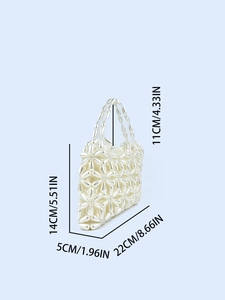White pearl beaded handbag with floral pattern and dimensions shown in inches and cm