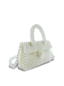 Handmade white pearl beaded handbag with elegant flap design and top handle for women