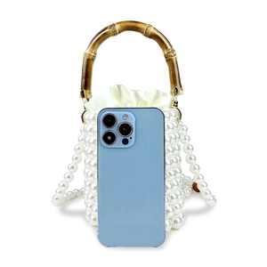 Mini Perlenbeutel-Tasche mit Bambusgriff und Satin-Innenbeutel mit Kordelzug