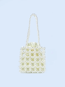 Elegant Hand Woven Artificial Pearl Beaded Handbag For Women French Style Mini Square Bag With Satin Drawstring Inner Pouch