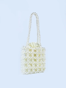 Elegant white pearl beaded handbag with satin drawstring lining and long top handles