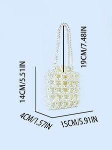 French style pearl beaded handbag with satin drawstring pouch and size measurements