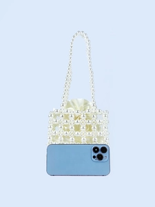 Handmade white pearl beaded handbag with silk drawstring liner and long shoulder straps