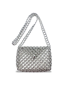 Silver Beaded Woven Crossbody Bag Hollow Out Mini Square Evening Handbag With Chain Strap For Women Retro Style