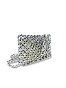 Silver woven metallic beaded crossbody bag with hollow out design and luxury ball clasp