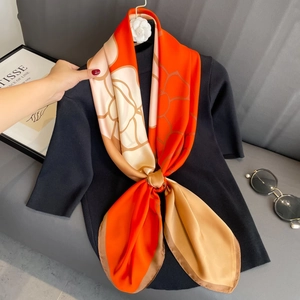 Floral Print Satin Scarf Large Square Shawl Breathable Simulated Satin Headscarf For Women Elegant Vintage Beach Wrap