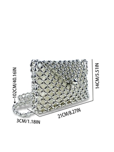 Silver beaded crossbody bag with hollow woven design and metallic luster for women