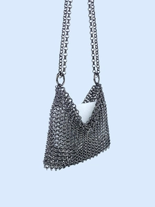 Handmade black metal chainmail crossbody bag with shiny mesh and double shoulder straps
