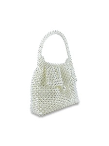 Handmade pearl beaded handbag with woven grid pattern and vintage top handle for evening