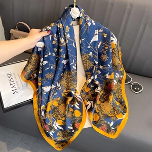 Navy floral satin shawl with yellow trim, 110x110cm beach wrap and sunscreen scarf