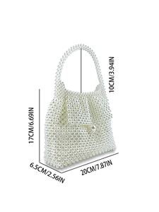 Handmade white pearl beaded handbag with flap closure and elegant top handle dimensions