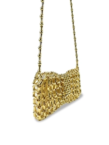Golden handmade woven hollow metal mini bag with bamboo-style beads and chain strap