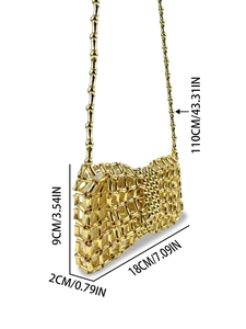 Mini gold metallic beaded handmade woven handbag with dimensions and long chain strap