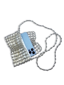 Mini silver metallic beaded woven bag with chain strap and hollow mesh design