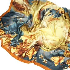 110cm faux silk floral scarf with yellow tropical leaf print and smooth polyester texture