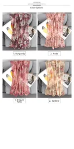 Detail view of floral print scarves in four colors styled on a sofa with fashion accessories