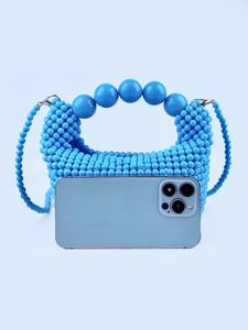 Handmade light blue beaded handbag with large bead handle and long shoulder strap