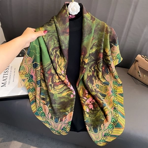 Large Square Scarf Satin Faux Satin Landscape Print Sun Protection Beach Shawl Headscarf For Women Chinese Style Retro