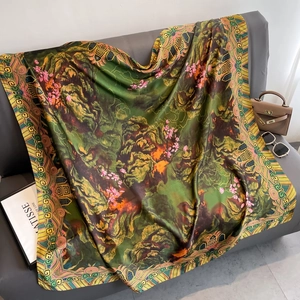 Silk-feel square scarf with green landscape pattern and floral design for beach sun protection