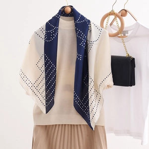 Artistic 90cm square scarf with geometric polka dots on navy blue and beige silk-like fabric