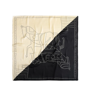 Artistic diagonal twill square scarf with equestrian horse motif in black and beige