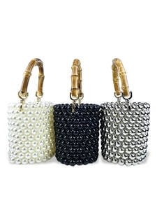 Damen Bambus Griff Perlen Eimer Tasche Perlenkette Mini Handtasche Umhängetasche Vintage Stil Casual Party Abendtasche