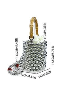Perlen-Beuteltasche mit Bambusgriff, Perlenkette und Satin-Innenfutter mit Kordelzug