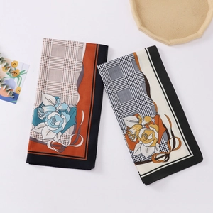 Écharpe Carrée Bandana Coton Lin Motif Chevrons Pied De Poule Imprimé Fleur Rose Femme Élégante Chaude