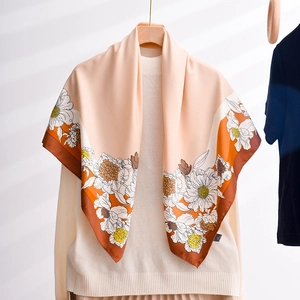 Silk-like satin square scarf 90x90cm with elegant chrysanthemum print and orange border