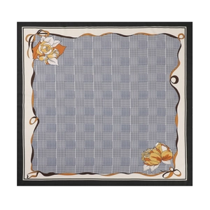 Foulard 90x90cm en coton et lin avec motif pied-de-poule et imprimé roses jaunes