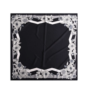 Elegant 90x90cm black silk satin square scarf featuring monochrome floral and geometric patterns