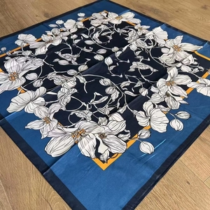 Vintage floral printed square silk scarf featuring blue floral pattern on light blue border